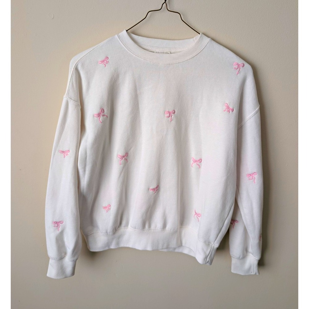 Reflex Women's S White Fleece Pullover Crewneck Sweatshirt Pink Bow Embroidered